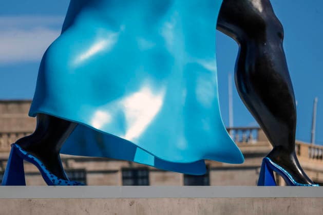 . 12 09 2026. London, United Kingdom. Lady In Blue Trafalgar Square. Lady In Blue by New York artist Tschabalala Self, which pays homage to a young, metropolitan woman, is the 16th artwork to feature on the plinth since 1998. The bronze and blue figure replaces Mil Veces un Instante (A Thousand Times in an Instant) by Teresa Margolles.  xMartynxWheatleyx xi-Imagesx IIM-27002-0008