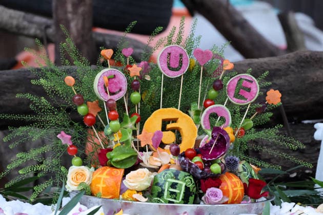 CHONGQING, CHINA - SEPTEMBER 13: A fruit and vegetable cake decorated with flowers is displayed as twin pandas Qi Zhen and Qi Bao celebrate their fifth birthday on September 13, 2026 in Chongqing, China. Chongqing Zoo prepared gifts including a snow bed, dolls and lounge chairs for the pandas, attracting tourists and fans to watch.  Copyright: xVCGx 111666421377