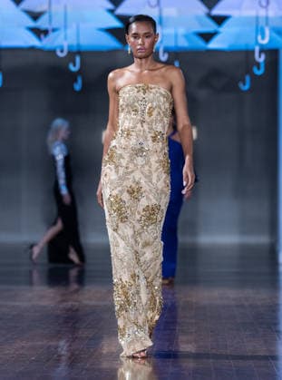 NY: Pamella Roland Fashion show Spring Summer 27 Model walks runway for Pamella Roland Spring Summer 2027 show during SS27 Fashion Week at Metropolitan Pavilion in New York, NY on September 11, 2026. New York New York United States Copyright: LevxRadin