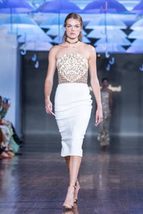 NY: Pamella Roland Fashion show Spring Summer 27 Model walks runway for Pamella Roland Spring Summer 2027 show during SS27 Fashion Week at Metropolitan Pavilion in New York, NY on September 11, 2026. New York New York United States Copyright: LevxRadin