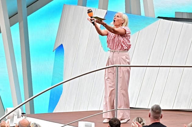 ZDF Fernsehgarten host Andrea Kiwi Kiewel during the ZDF entertainment show Fernsehgarten on September 13, 2026, in Mainz 20260913MWI149279