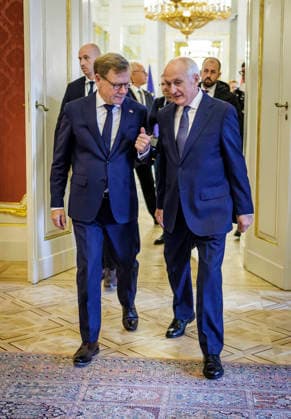 Johann Wadephul (CDU), Federal Foreign Minister, photographed during his trip to Hungary. Pictured here with the President of Hungary, Andras Baka, at the Sandor Palace. Photograph taken on behalf of the Federal Foreign Office, Budapest, Hungary. Copyright: xThomasxKoehlerx