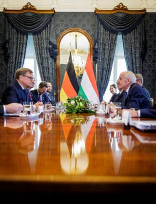 Johann Wadephul (CDU), Federal Minister of Foreign Affairs, photographed during his trip to Hungary. Here he is with the President of Hungary, Andras Baka, at the Sandor Palace. Photographed on behalf of the Federal Foreign Office, Budapest, Hungary. Copyright: xThomasxKoehlerx