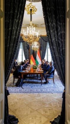Johann Wadephul (CDU), Federal Minister of Foreign Affairs, photographed during his trip to Hungary. Pictured here with the President of Hungary, Andras Baka, at the Sandor Palace. Photographed on behalf of the Federal Foreign Office, Budapest, Hungary. Copyright: xThomasxKoehlerx