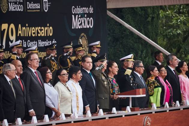 Sheinbaum Leads Mexico™s Commemoration of the Heroic Children of Chapultepec MEXICO CITY, MEXICO - SEPTEMBER 13, 2026: The President of Mexico, Claudia Sheinbaum Pardo, presides over the ceremony marking the 179th Anniversary of the Heroic Deed of the Boy Heroes of Chapultepec. She is accompanied by Secretary of National Defense Ricardo Trevilla Trejo, Secretary of the Navy Admiral Raymundo Pedro Morales Ãngeles, President of the Supreme Court Hugo Aguilar Ortiz, and members of the cabinet. The ceremony took place at the Altar to the Homeland in Chapultepec Park, Mexico City. Ciudad de MÃ xico Mexico Copyright: x xJuanxPerezxPuentex xJNAxPressx
