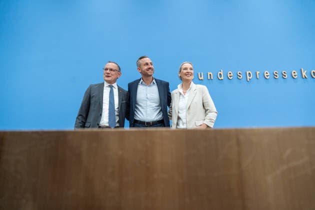 Ulrich Siegmund, Tino Chrupalla, and Alice Weidel during the Federal Press Conference in Berlin; post-election analysis with the AfD the day after the 2026 state election in Saxony-Anhalt; Berlin, Germany; Federal Press Conference Building