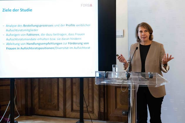 September 14, 2026 Press Conference to Present Study Findings: Study Author Bernadette Allinger of FORBA at the September 14, 2026 press conference to present the results of the new FORBA study Women on Supervisory Boards at the Palais Dietrichstein in Vienna, Vienna, Austria