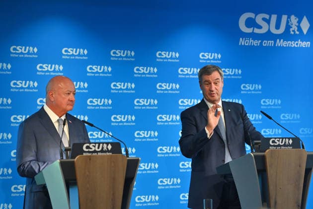 From left: Dr. Christian Stocker, OEVP Chairman and Federal Chancellor of the Republic of Austria; Markus SOEDER, Minister-President of Bavaria and CSU Chairman; press conference following the closed-door meeting of the CSU Party Executive Committee on September 14, 2026, at the CSU State Headquarters in Munich