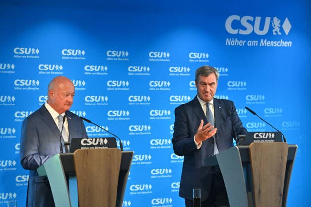 From left: Dr. Christian Stocker, OEVP Chairman and Federal Chancellor of the Republic of Austria; Markus SOEDER, Minister-President of Bavaria and CSU Chairman; press conference following the closed-door meeting of the CSU Party Executive Committee on September 14, 2026, at the CSU State Headquarters in Munich