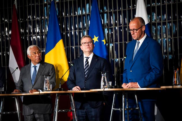 LKS 20260914 (L to R) President of the European Council António Costa, Prime Minister Petteri Orpo of Finland and Federal Chancellor of Germany Friedrich Merz during the leaders joint press conference of The European Arctic Summit in Rovaniemi, Finland, on September 14, 2026. The aim of the summit is to strengthen the EU’s common strategic approach to the Arctic region as its geopolitical significance continues to grow rapidly. - JOUNI PORSANGER Rovaniemi Finland  Copyright: xJounixPorsangerx ta2m9iG4Cy0