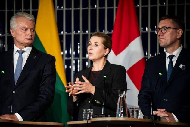(L to R) President of Lithuania Gitanas Nauseda, Prime Minister Mette Frederiksen of Denmark and Prime Minister of Estonia Kristen Michal during the leaders joint press conference of The European Arctic Summit in Rovaniemi, Finland, on September 14, 2026. The aim of the summit is to strengthen the EU’s common strategic approach to the Arctic region as its geopolitical significance continues to grow rapidly. - JOUNI PORSANGER Rovaniemi Finland  Copyright: xJounixPorsangerx ORp9ULB-czE