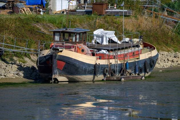 Old Ship Stranded on the Mud at Low Water, Wörth am Rhein, Germany, September 14, 2026. An old motorboat lies stranded on the muddy bank near Maxau during low water on the Rhine, with a shallow patch of remaining water in front of it—a symbolic image of drought.