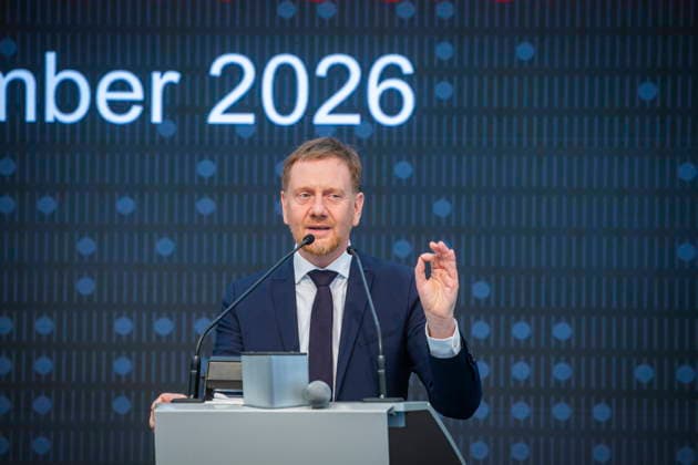Topping-Out Ceremony for the ESMC Chip Factory in Dresden Topping-Out Ceremony for the ESMC Chip Factory in Dresden, Michael Kretschmer (CDU), Minister President of Saxony, Dresden, Saxony, Germany