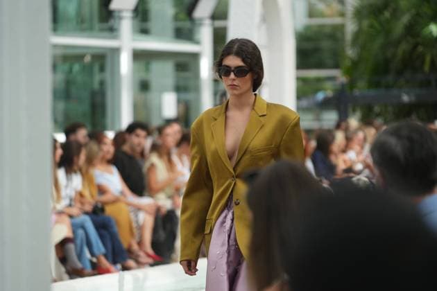A model wears at collection runway a creation from Adolfo Dominguez during Pasarela Cibeles Mercedes-Benz Fashion Week Madrid 2026 in Madrid, on Monday ,14 September 2026. Cordon Press 