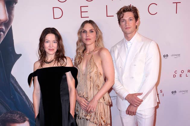 Hannah Herzsprung, Lena Stahl, and Damian Hardung attend the premiere of *Corpus Delicti* on September 14, 2026, at the Delphi Filmpalast in Berlin, Germany. Movie premiere of *Corpus Delicti* in Berlin, Germany