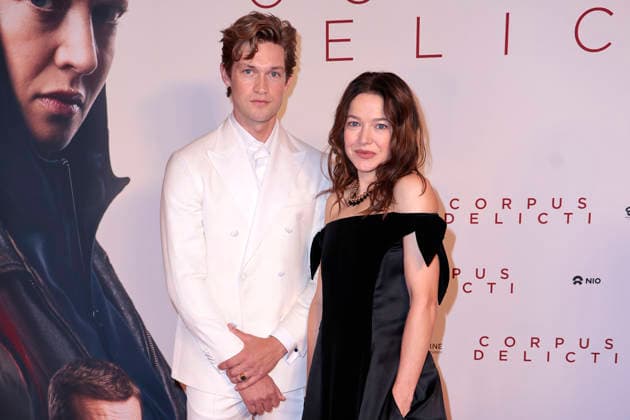 Damian Hardung and Hannah Herzsprung attend the premiere of *Corpus Delicti* on September 14, 2026, at the Delphi Filmpalast in Berlin, Germany. Movie Premiere of *Corpus Delicti* in Berlin, Germany