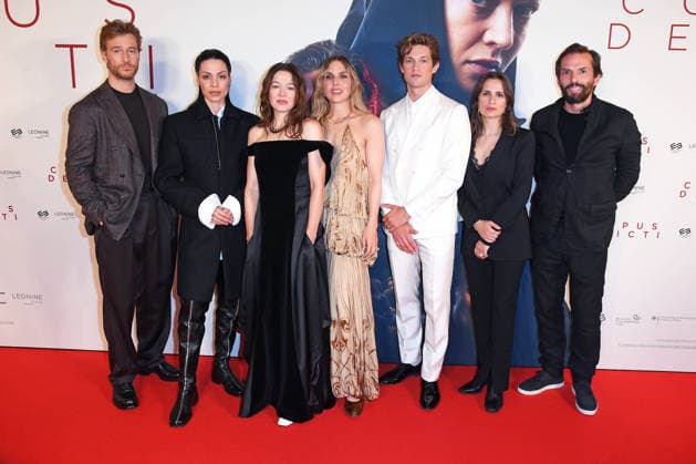Alexander Fehling, Haley Louise Jones, Hannah Herzsprung, Lena Stahl, Damian Hardung, Laura Mihajlovic, and Quirin Berg at the premiere of the movie *CORPUS DELICTI* at the Delphi Filmpalast in Berlin on September 14, 2026