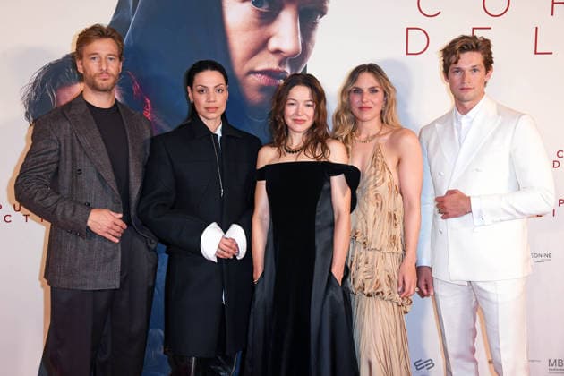 Alexander Fehling, Haley Louise Jones, Hannah Herzsprung, Lena Stahl, and Damian Hardung at the premiere of the movie *CORPUS DELICTI* at the Delphi Filmpalast in Berlin on September 14, 2026