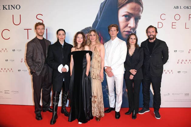 Alexander Fehling, Haley Louise Jones, Hannah Herzsprung, Lena Stahl, Damian Hardung, Laura Mihajlovic, and Quirin Berg at the premiere of the movie *CORPUS DELICTI* at the Delphi Filmpalast in Berlin on September 14, 2026