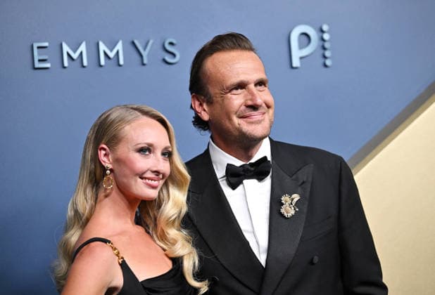 (L-R) Kayla Radomski and Jason Segel arrive for the 78th annual Primetime Emmy Awards at the Peacock Theater in Los Angeles on Monday, September 14, 2026.  LAP2026091415 CHRISxCHEW