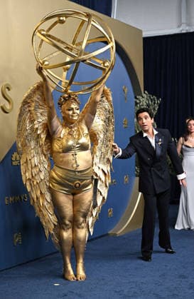 (L-R) Megan Stalter and Paul W. Downs arrive for the 78th annual Primetime Emmy Awards at the Peacock Theater in Los Angeles on Monday, September 14, 2026.  LAP2026091423 CHRISxCHEW