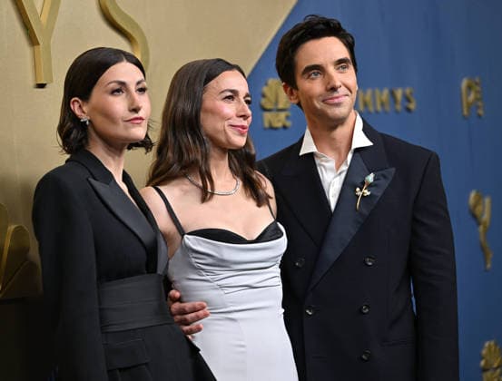 (L-R) Lucia Aniello, Jen Statsky and Paul W. Downs arrive for the 78th annual Primetime Emmy Awards at the Peacock Theater in Los Angeles on Monday, September 14, 2026.  LAP2026091424 CHRISxCHEW