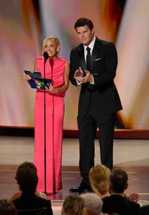 (L-R) Sarah Michelle Gellar and David Boreanaz speak onstage during the 78th annual Primetime Emmy Awards at the Peacock Theater in Los Angeles on Monday, September 14, 2026.  LAP2026091450 JIMxRUYMEN