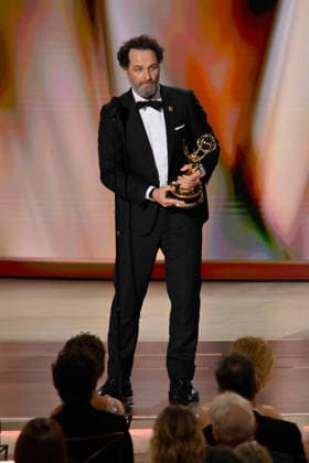 Matthew Rhys accepts the Outstanding Lead Actor in a Limited or Anthology Series or Movie Award for The Beast in Me on stage during the 78th annual Primetime Emmy Awards at the Peacock Theater in Los Angeles on Monday, September 14, 2026.  LAP2026091460 JIMxRUYMEN