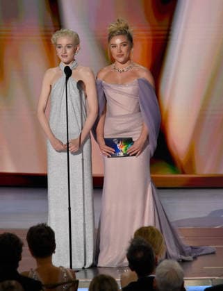 (L-R) Julia Garner and Florence Pugh speak on stage during the 78th annual Primetime Emmy Awards at the Peacock Theater in Los Angeles on Monday, September 14, 2026.  LAP2026091466 JIMxRUYMEN