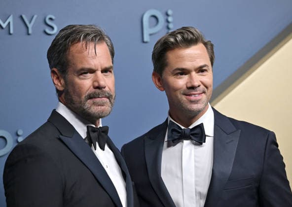 Tuc Watkins and Andrew Rannells arrive for the 78th annual Primetime Emmy Awards at the Peacock Theater in Los Angeles on Monday, September 14, 2026.  LAP20260914550 CHRISxCHEW