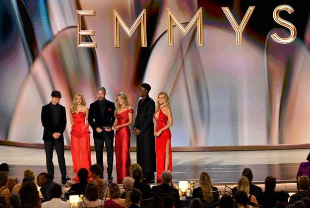(L-R) Noah Beck, Jessica Belkin, Stephen Amell, Hassie Harrison, Thaddeus LaGrone and Brooks Nader speak on stage during the 78th annual Primetime Emmy Awards at the Peacock Theater in Los Angeles on Monday, September 14, 2026.  LAP2026091488 JIMxRUYMEN