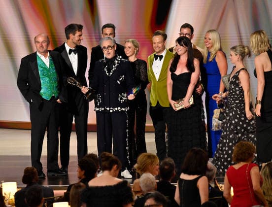 Cast and crew including Stephen Lambert, Mike Cotton, Sam Rees-Jones, Rosie Franks and Alan Cumming accept the Outstanding Reality Competition Program Award for The Traitors on stage during the 78th annual Primetime Emmy Awards at the Peacock Theater in Los Angeles on Monday, September 14, 2026.  LAP2026091491 JIMxRUYMEN