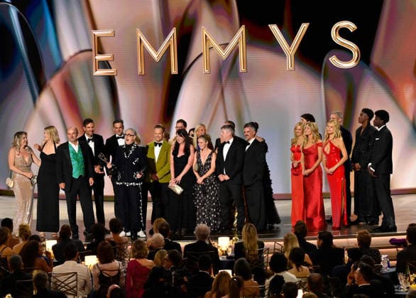 Cast and crew including Stephen Lambert, Mike Cotton, Sam Rees-Jones, Rosie Franks and Alan Cumming accept the Outstanding Reality Competition Program Award for The Traitors on stage during the 78th annual Primetime Emmy Awards at the Peacock Theater in Los Angeles on Monday, September 14, 2026.  LAP2026091493 JIMxRUYMEN