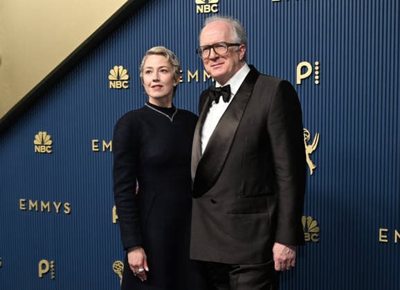Carrie Coon and her husband, playwright and actor Tracy Letts. arrive for the 78th annual Primetime Emmy Awards at the Peacock Theater in Los Angeles on Monday, September 14, 2026.  LAP2026091403a JohnxMcCoy