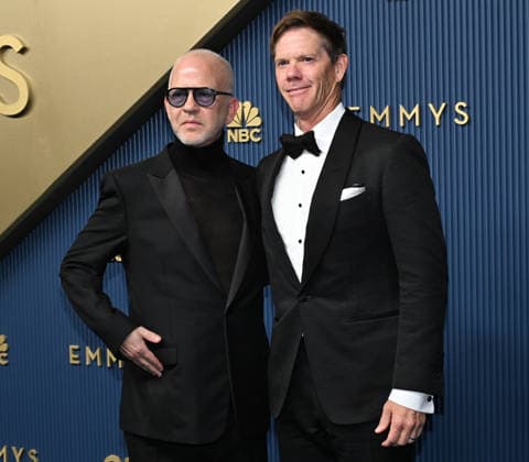 Ryan Murphy (left) and his husband, photographer David Miller arrive for the 78th annual Primetime Emmy Awards at the Peacock Theater in Los Angeles on Monday, September 14, 2026.  LAP20260914018 JohnxMcCoy