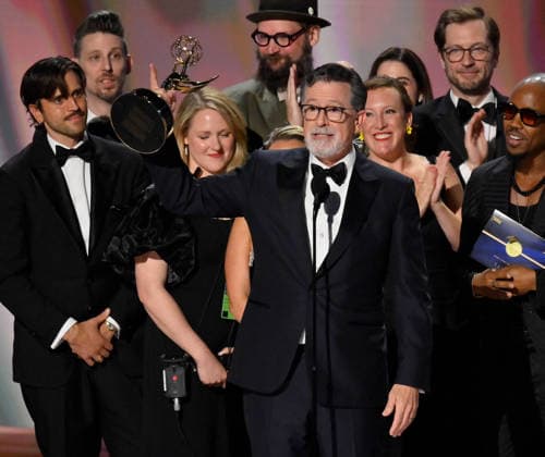 Cast and crew including Ariel Dumas, Opus Moreschi, Lauren Marcello, Sara Vilkomerson, Gabriel W Gronli, Stephen Colbert, Paul Dinello, Bjoern Stejskal, Tanya Michnevich Bracco, Matt Lappin, Michael R Brumm and Aaron Cohen accept the Outstanding Variety Series Award for The Late Show with Stephen Colbert on stage during the 78th annual Primetime Emmy Awards at the Peacock Theater in Los Angeles on Monday, September 14, 2026.  LAP20260914130 JIMxRUYMEN