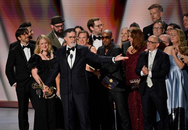 Cast and crew including Ariel Dumas, Opus Moreschi, Lauren Marcello, Sara Vilkomerson, Gabriel W Gronli, Stephen Colbert, Paul Dinello, Bjoern Stejskal, Tanya Michnevich Bracco, Matt Lappin, Michael R Brumm and Aaron Cohen accept the Outstanding Variety Series Award for The Late Show with Stephen Colbert on stage during the 78th annual Primetime Emmy Awards at the Peacock Theater in Los Angeles on Monday, September 14, 2026.  LAP20260914125 JIMxRUYMEN