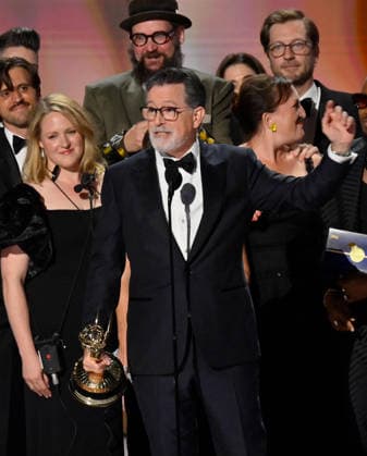 Cast and crew including Ariel Dumas, Opus Moreschi, Lauren Marcello, Sara Vilkomerson, Gabriel W Gronli, Stephen Colbert, Paul Dinello, Bjoern Stejskal, Tanya Michnevich Bracco, Matt Lappin, Michael R Brumm and Aaron Cohen accept the Outstanding Variety Series Award for The Late Show with Stephen Colbert on stage during the 78th annual Primetime Emmy Awards at the Peacock Theater in Los Angeles on Monday, September 14, 2026.  LAP20260914126 JIMxRUYMEN