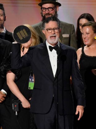 Stephen Colbert accepts the Outstanding Variety Series Award for The Late Show with Stephen Colbert on stage during the 78th annual Primetime Emmy Awards at the Peacock Theater in Los Angeles on Monday, September 14, 2026.  LAP20260914131 JIMxRUYMEN