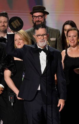 Stephen Colbert accepts the Outstanding Variety Series Award for The Late Show with Stephen Colbert on stage during the 78th annual Primetime Emmy Awards at the Peacock Theater in Los Angeles on Monday, September 14, 2026.  LAP20260914132 JIMxRUYMEN