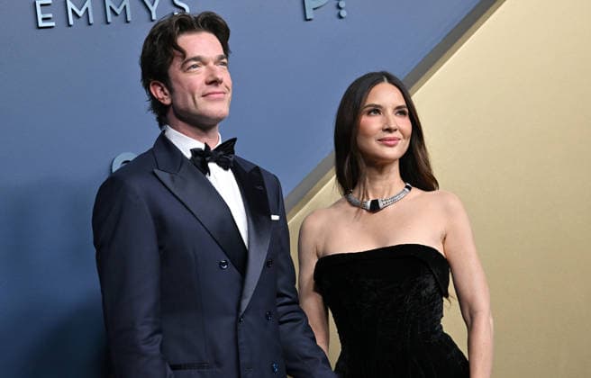 John Mulaney and Olivia Munn arrive for the 78th annual Primetime Emmy Awards at the Peacock Theater in Los Angeles on Monday, September 14, 2026.  LAP20260914632 CHRISxCHEW
