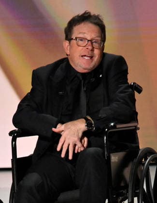 Michael J. Fox accepts the Bob Hope Humanitarian Award on stage during the 78th annual Primetime Emmy Awards at the Peacock Theater in Los Angeles on Monday, September 14, 2026.  LAP20260914141 JIMxRUYMEN