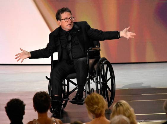 Michael J. Fox accepts the Bob Hope Humanitarian Award on stage during the 78th annual Primetime Emmy Awards at the Peacock Theater in Los Angeles on Monday, September 14, 2026.  LAP20260914143 JIMxRUYMEN