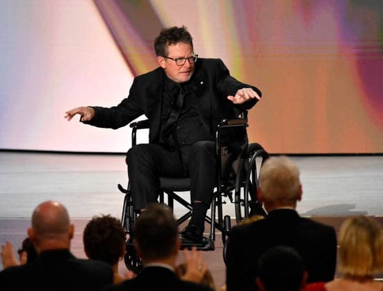 Michael J. Fox accepts the Bob Hope Humanitarian Award on stage during the 78th annual Primetime Emmy Awards at the Peacock Theater in Los Angeles on Monday, September 14, 2026.  LAP20260914135 JIMxRUYMEN
