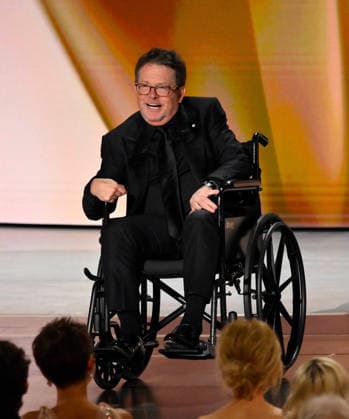 Michael J. Fox accepts the Bob Hope Humanitarian Award on stage during the 78th annual Primetime Emmy Awards at the Peacock Theater in Los Angeles on Monday, September 14, 2026.  LAP20260914136 JIMxRUYMEN