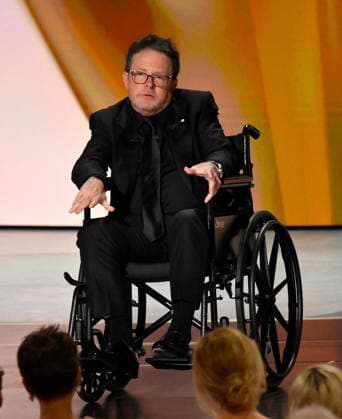 Michael J. Fox accepts the Bob Hope Humanitarian Award on stage during the 78th annual Primetime Emmy Awards at the Peacock Theater in Los Angeles on Monday, September 14, 2026.  LAP20260914137 JIMxRUYMEN