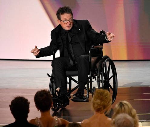 Michael J. Fox accepts the Bob Hope Humanitarian Award on stage during the 78th annual Primetime Emmy Awards at the Peacock Theater in Los Angeles on Monday, September 14, 2026.  LAP20260914138 JIMxRUYMEN