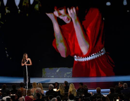 Host Mariska Hargitay speaks on stage during the 78th annual Primetime Emmy Awards at the Peacock Theater in Los Angeles on Monday, September 14, 2026.  LAP20260914152 JIMxRUYMEN