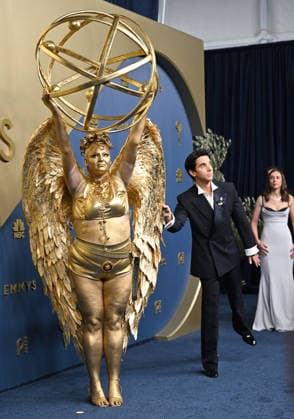 Megan Stalter and Paul W. Downs arrive for the 78th annual Primetime Emmy Awards at the Peacock Theater in Los Angeles on Monday, September 14, 2026.  LAP20260914653 CHRISxCHEW