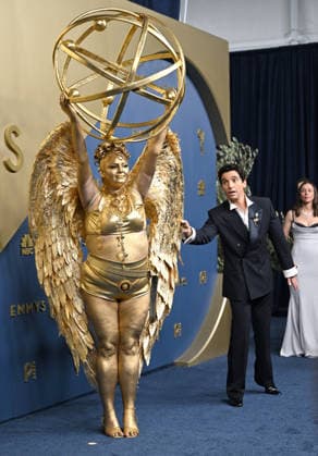 Megan Stalter and Paul W. Downs arrive for the 78th annual Primetime Emmy Awards at the Peacock Theater in Los Angeles on Monday, September 14, 2026.  LAP20260914654 CHRISxCHEW
